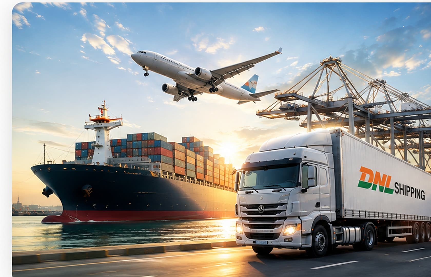 DNL Shipping global logistics operations with truck, cargo ship and aircraft